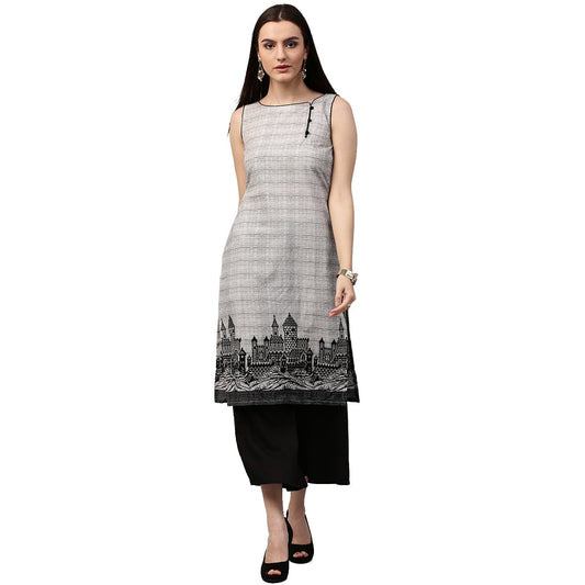 Beige Printed Sleeveless Cotton Straight Kurta | LASVINI - Redefining Indian Fashion with Elegance
