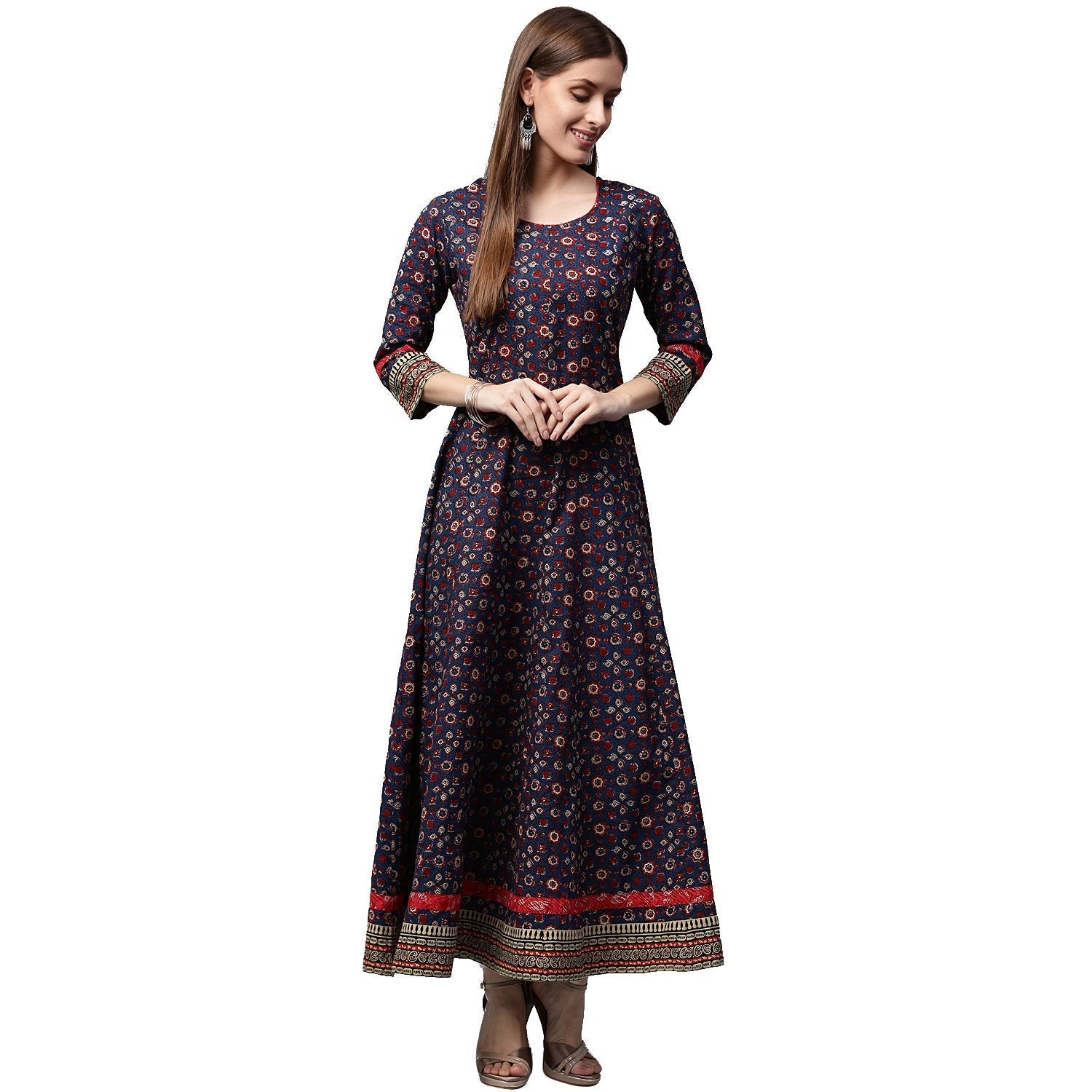 Blue Printed 3/4Th Sleeve Cotton Anarkali Kurta | LASVINI - Redefining Indian Fashion with Elegance