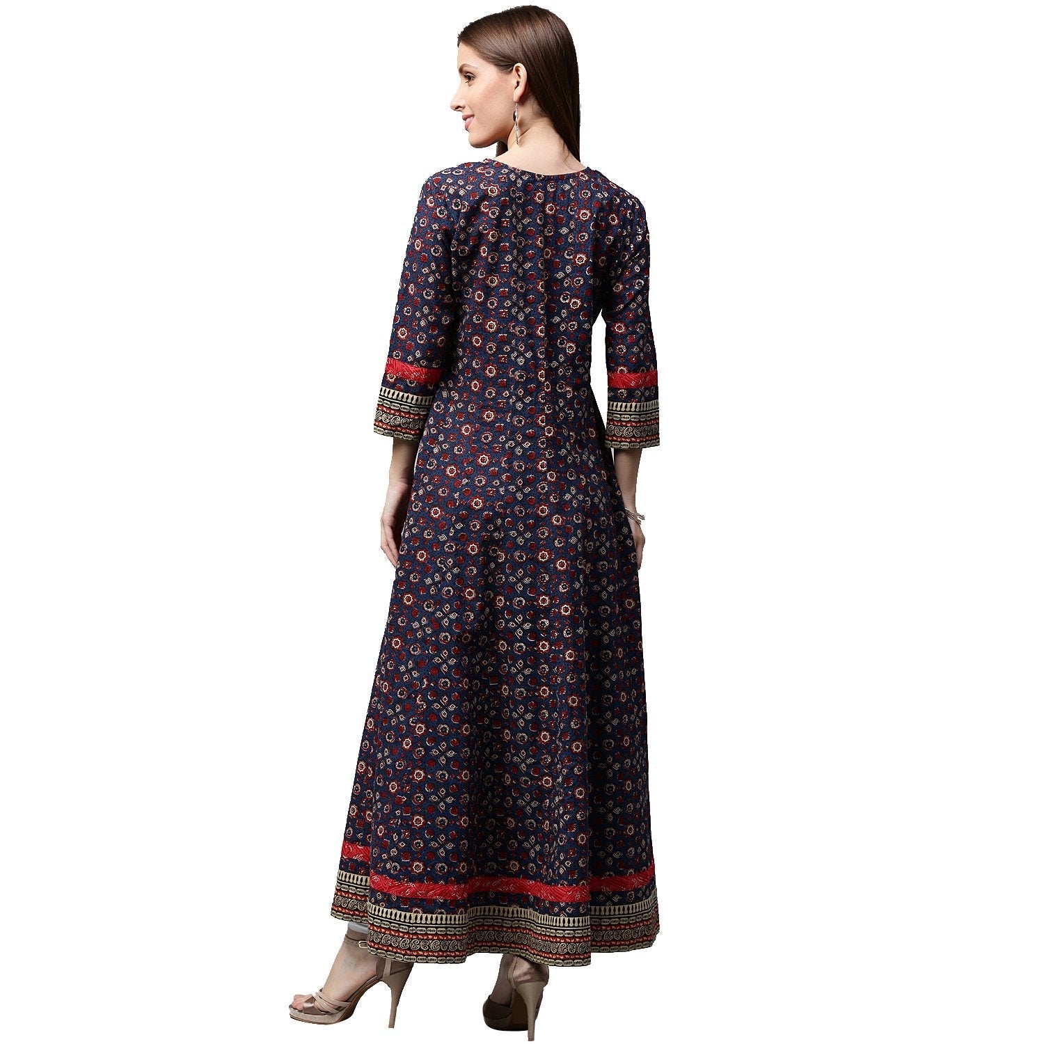 Blue Printed 3/4Th Sleeve Cotton Anarkali Kurta | LASVINI - Redefining Indian Fashion with Elegance
