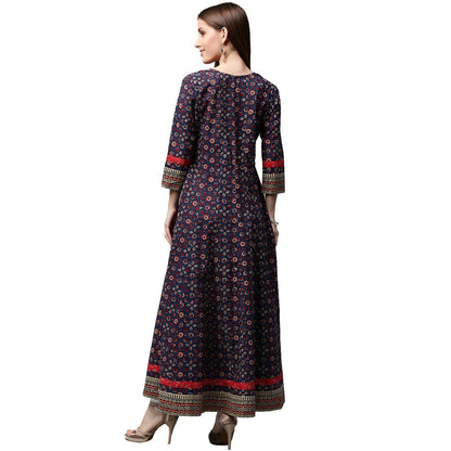 Blue Printed 3/4Th Sleeve Cotton Anarkali Kurta | LASVINI - Redefining Indian Fashion with Elegance