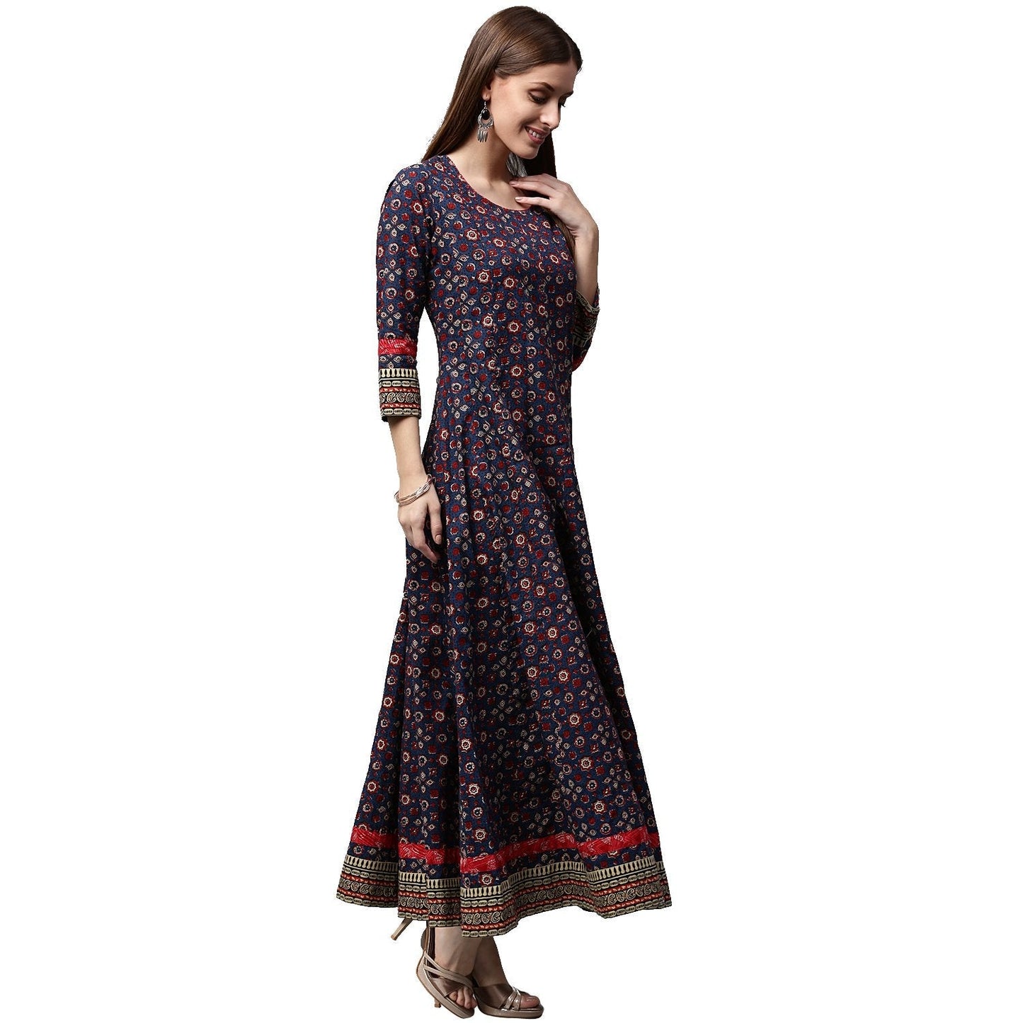 Blue Printed 3/4Th Sleeve Cotton Anarkali Kurta | LASVINI - Redefining Indian Fashion with Elegance