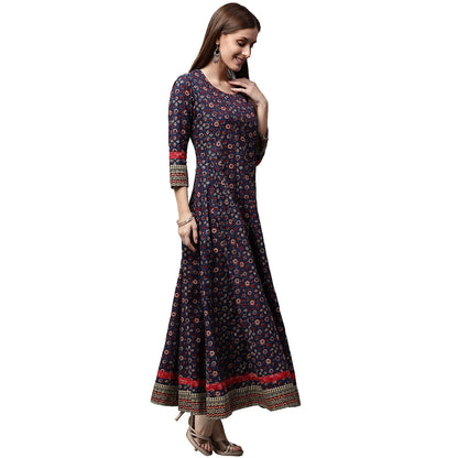 Blue Printed 3/4Th Sleeve Cotton Anarkali Kurta | LASVINI - Redefining Indian Fashion with Elegance