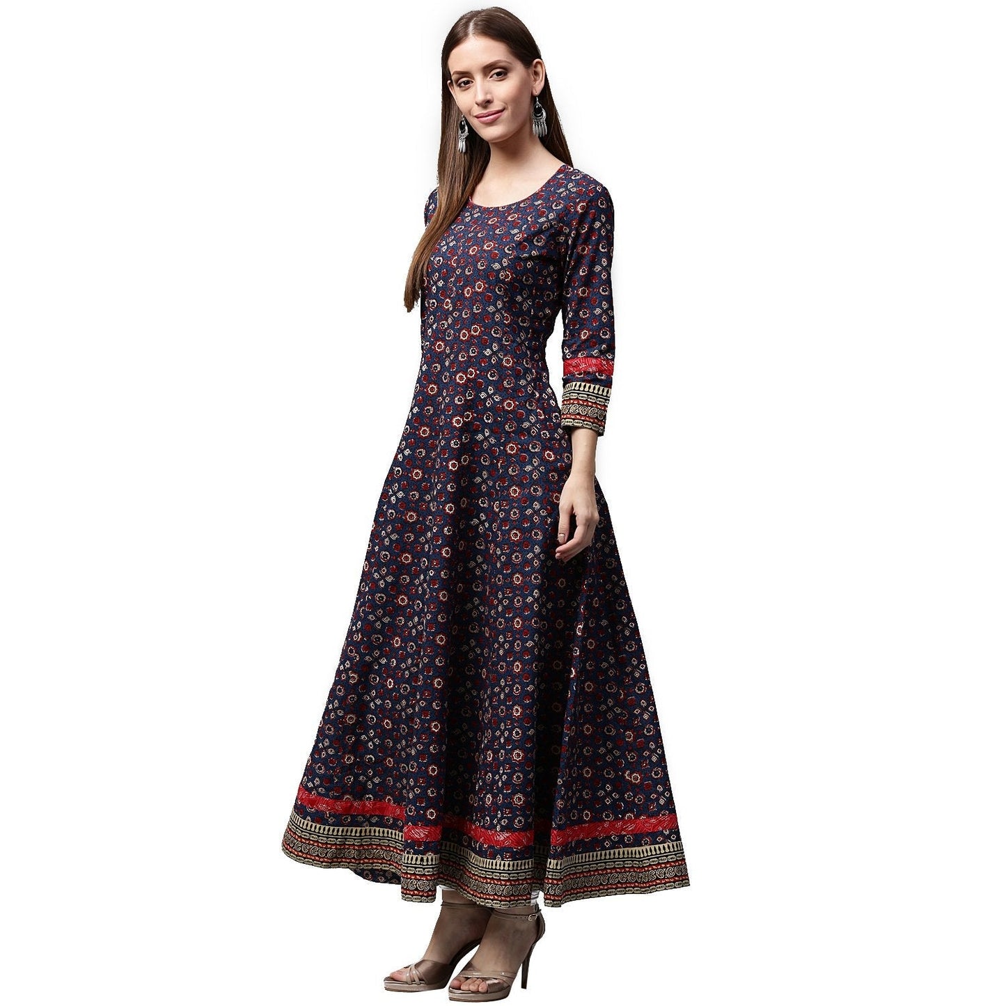 Blue Printed 3/4Th Sleeve Cotton Anarkali Kurta | LASVINI - Redefining Indian Fashion with Elegance