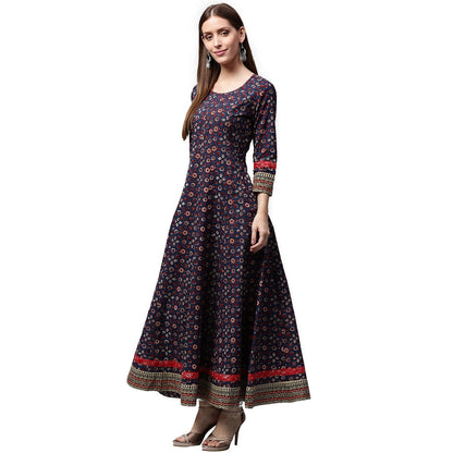 Blue Printed 3/4Th Sleeve Cotton Anarkali Kurta | LASVINI - Redefining Indian Fashion with Elegance