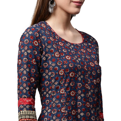 Blue Printed 3/4Th Sleeve Cotton Anarkali Kurta | LASVINI - Redefining Indian Fashion with Elegance