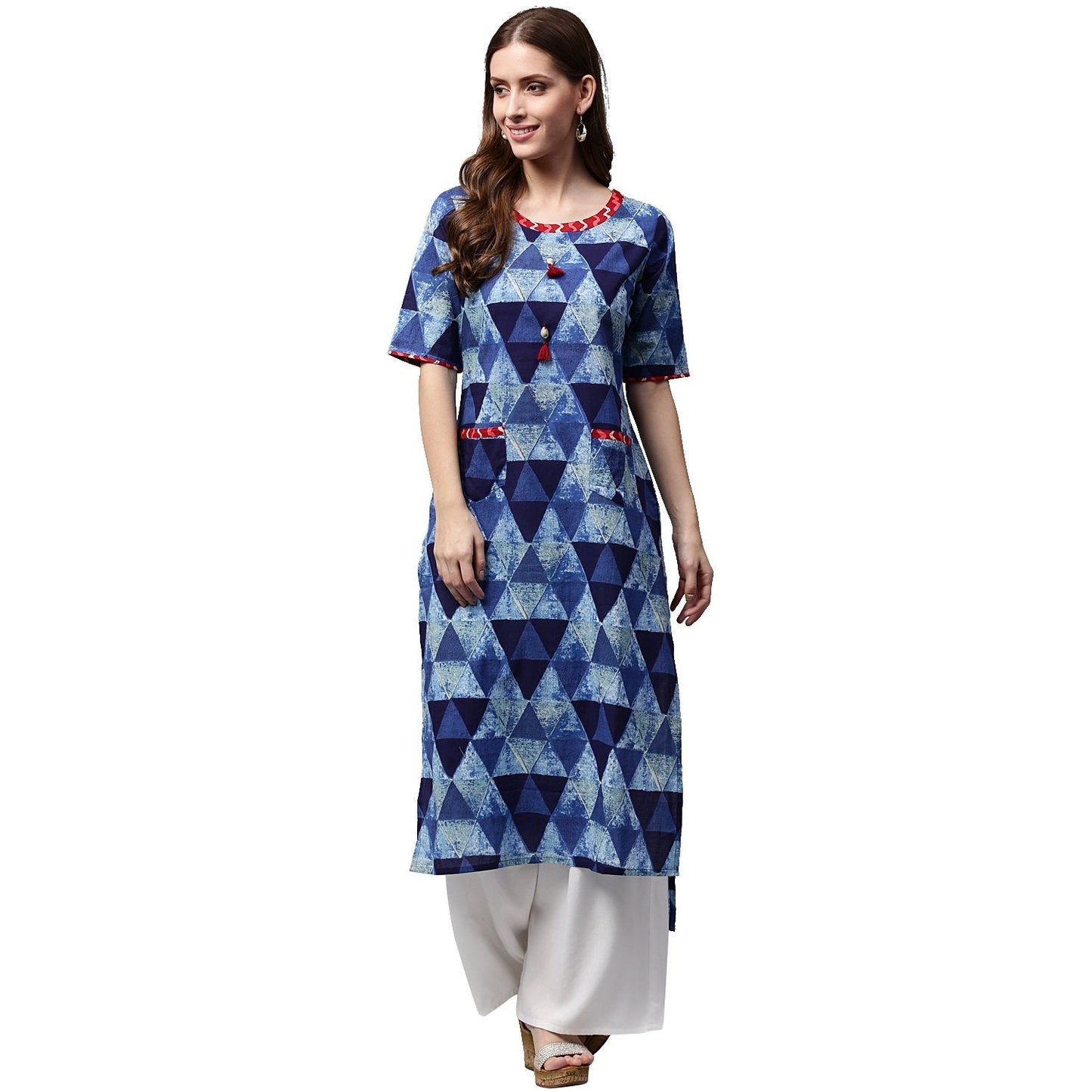Blue Printed Half Sleeve Cotton Straight Kurta With Pocket | LASVINI - Redefining Indian Fashion with Elegance
