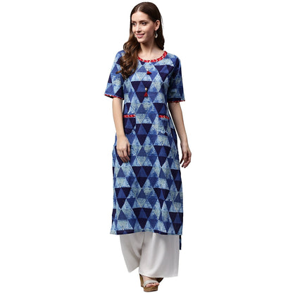 Blue Printed Half Sleeve Cotton Straight Kurta With Pocket | LASVINI - Redefining Indian Fashion with Elegance