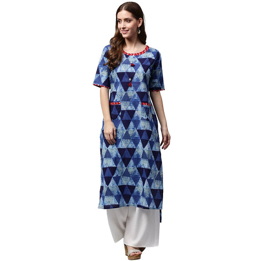Blue Printed Half Sleeve Cotton Straight Kurta With Pocket | LASVINI - Redefining Indian Fashion with Elegance