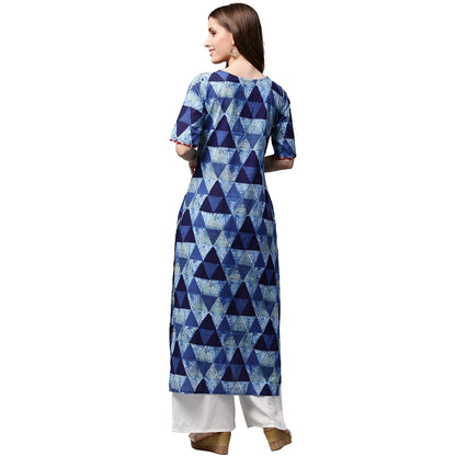 Blue Printed Half Sleeve Cotton Straight Kurta With Pocket | LASVINI - Redefining Indian Fashion with Elegance