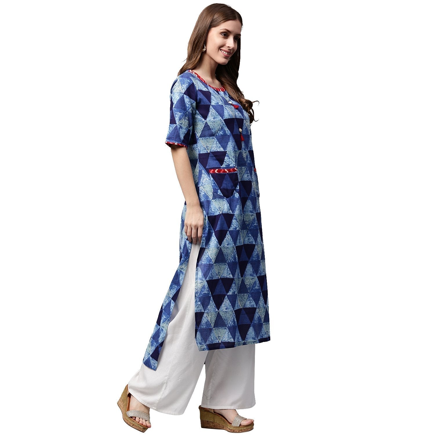 Blue Printed Half Sleeve Cotton Straight Kurta With Pocket | LASVINI - Redefining Indian Fashion with Elegance