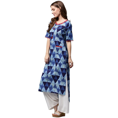 Blue Printed Half Sleeve Cotton Straight Kurta With Pocket | LASVINI - Redefining Indian Fashion with Elegance