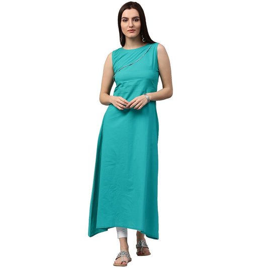 Blue Sleeveless Cotton A-Line Kurta | LASVINI - Redefining Indian Fashion with Elegance