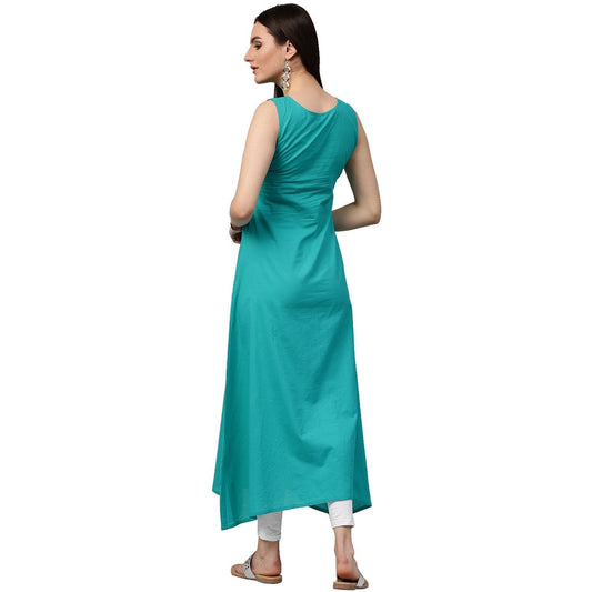 Blue Sleeveless Cotton A-Line Kurta | LASVINI - Redefining Indian Fashion with Elegance