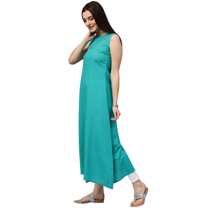 Blue Sleeveless Cotton A-Line Kurta | LASVINI - Redefining Indian Fashion with Elegance