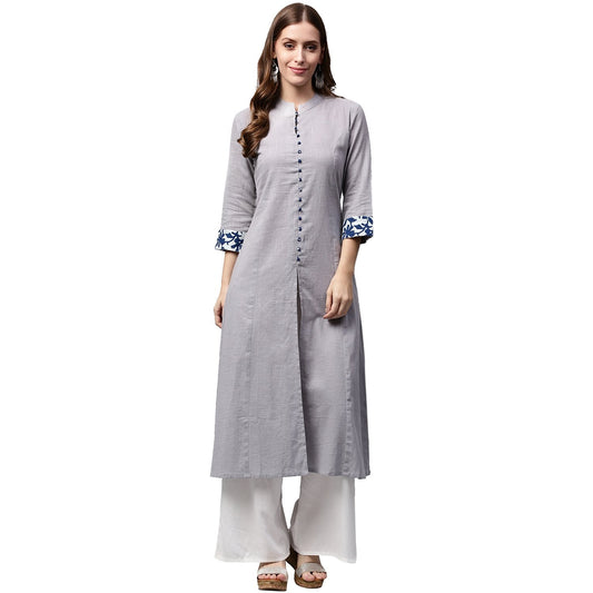 Off White 3/4Th Sleeve Cotton A-Line Kurta | LASVINI - Redefining Indian Fashion with Elegance