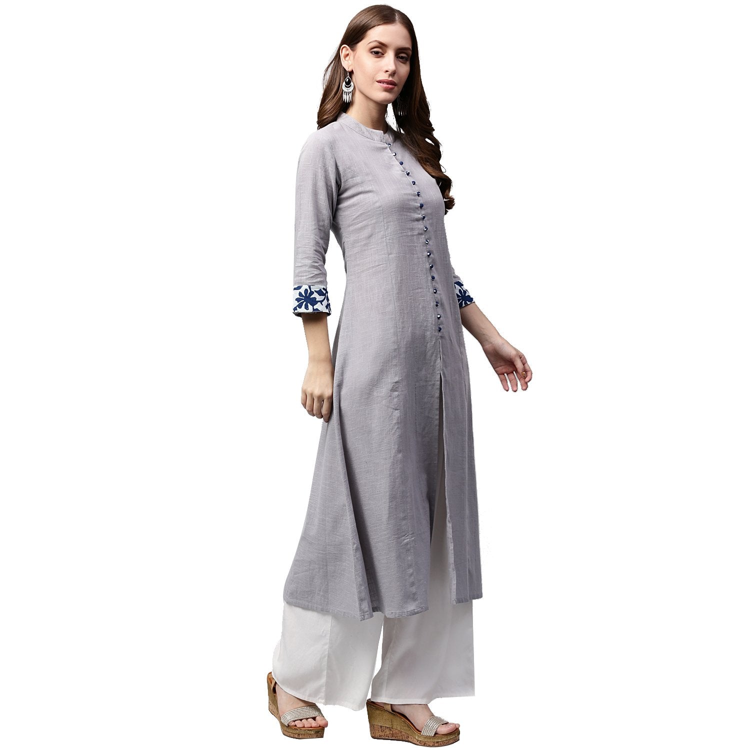 Off White 3/4Th Sleeve Cotton A-Line Kurta | LASVINI - Redefining Indian Fashion with Elegance