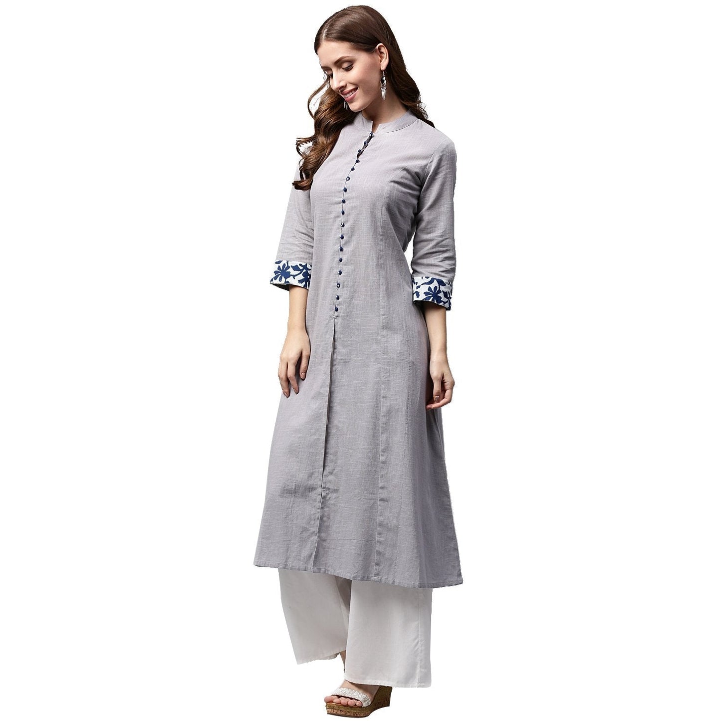 Off White 3/4Th Sleeve Cotton A-Line Kurta | LASVINI - Redefining Indian Fashion with Elegance