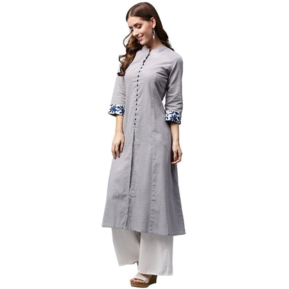 Off White 3/4Th Sleeve Cotton A-Line Kurta | LASVINI - Redefining Indian Fashion with Elegance