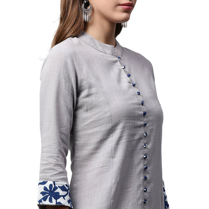 Off White 3/4Th Sleeve Cotton A-Line Kurta | LASVINI - Redefining Indian Fashion with Elegance