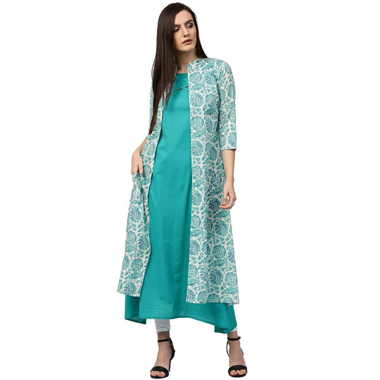 Blue Printed Sleeveless Cotton Double Layer Kurta | LASVINI - Redefining Indian Fashion with Elegance