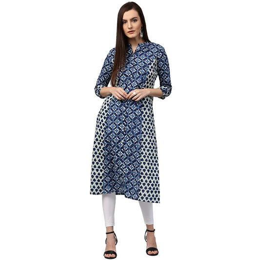 Blue Printed 3/4Th Sleeve Cotton A-Line Kurta | LASVINI - Redefining Indian Fashion with Elegance