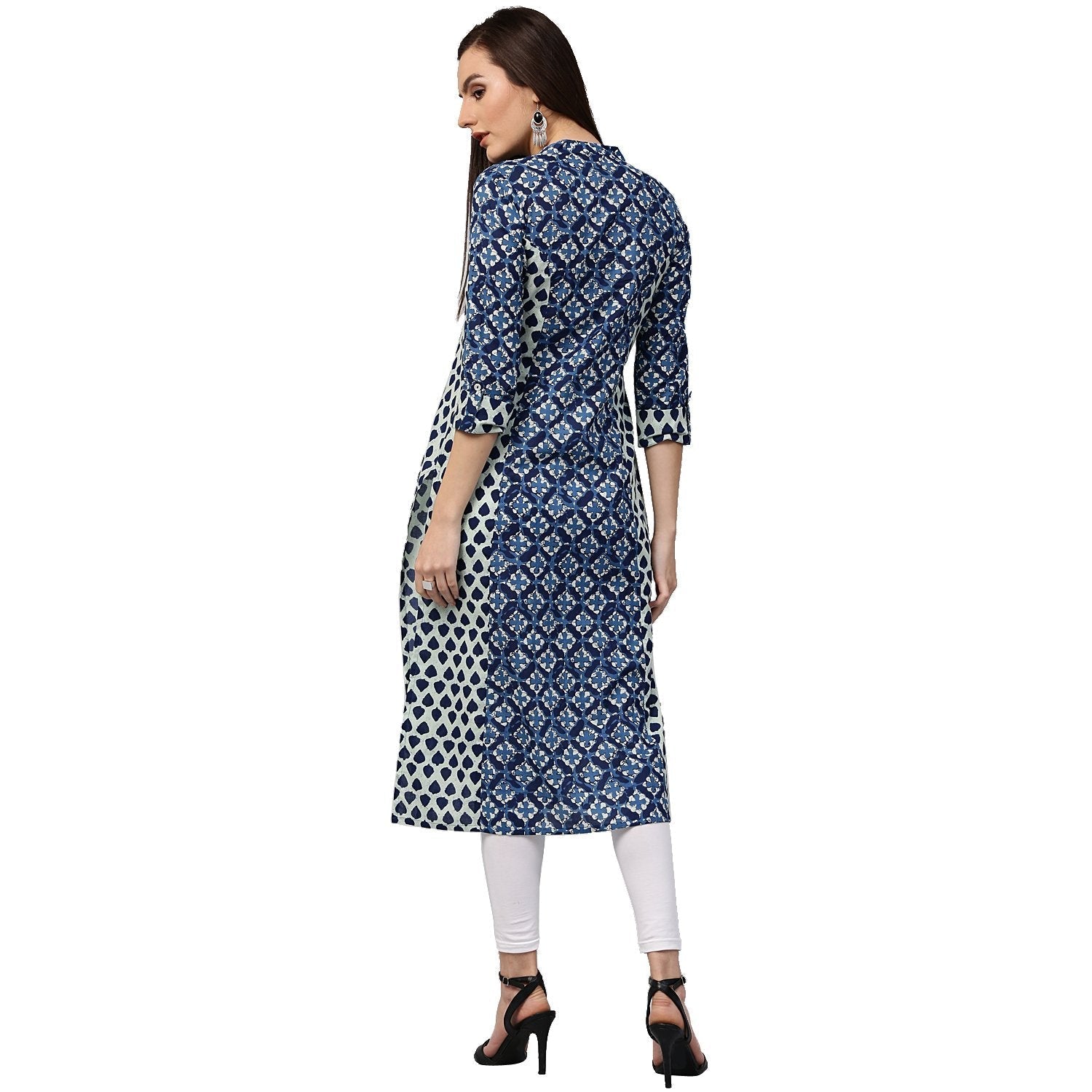 Blue Printed 3/4Th Sleeve Cotton A-Line Kurta | LASVINI - Redefining Indian Fashion with Elegance