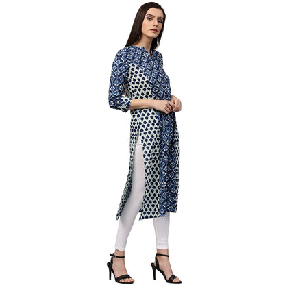 Blue Printed 3/4Th Sleeve Cotton A-Line Kurta | LASVINI - Redefining Indian Fashion with Elegance