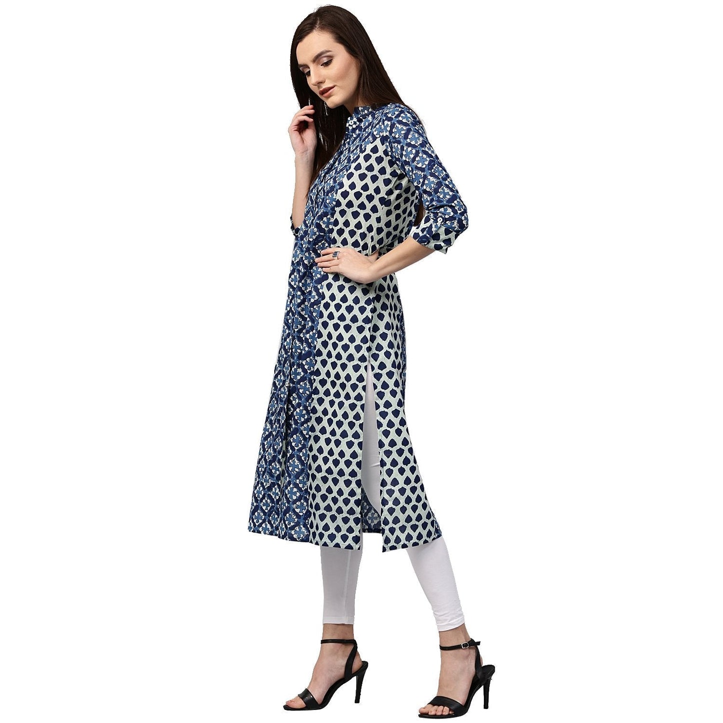 Blue Printed 3/4Th Sleeve Cotton A-Line Kurta | LASVINI - Redefining Indian Fashion with Elegance