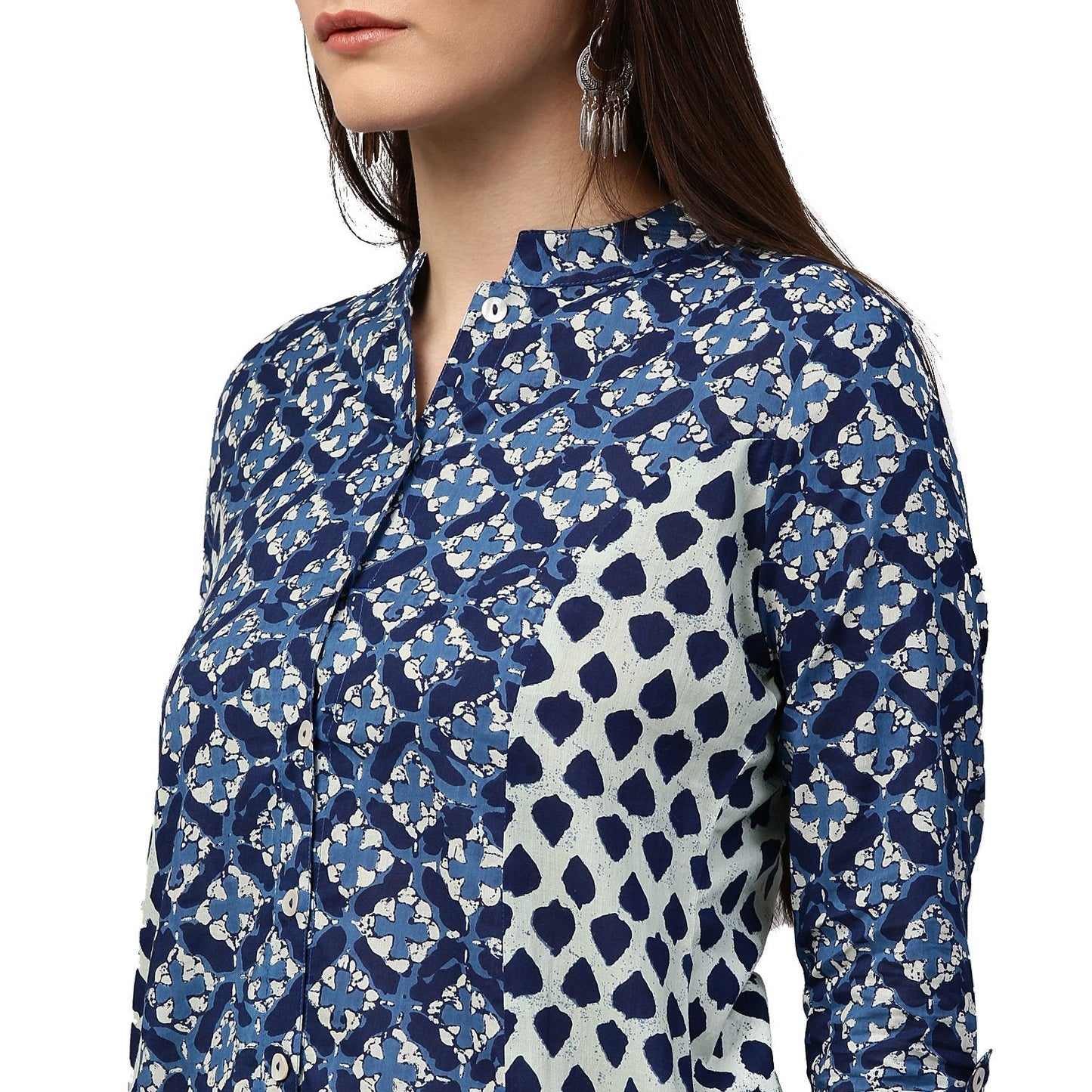 Blue Printed 3/4Th Sleeve Cotton A-Line Kurta | LASVINI - Redefining Indian Fashion with Elegance