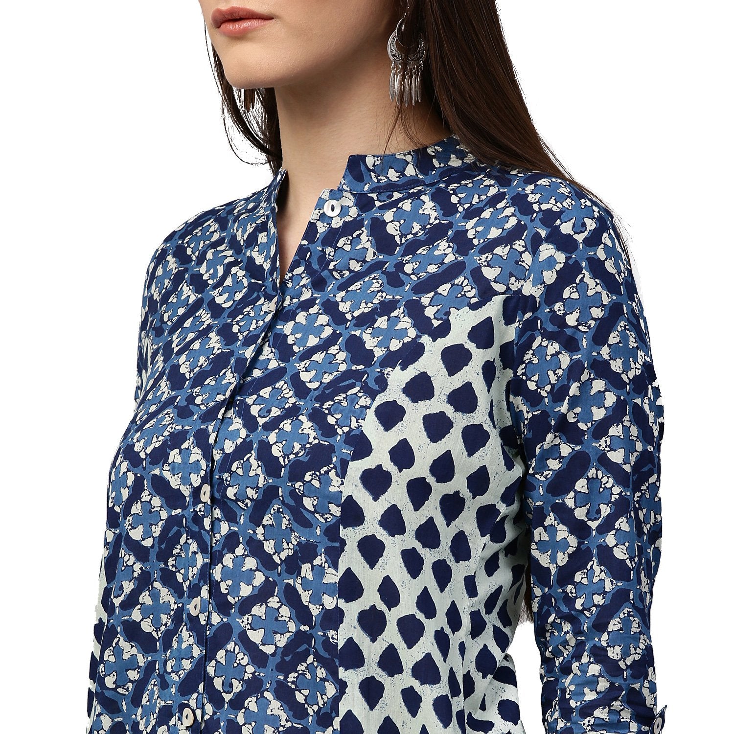 Blue Printed 3/4Th Sleeve Cotton A-Line Kurta | LASVINI - Redefining Indian Fashion with Elegance