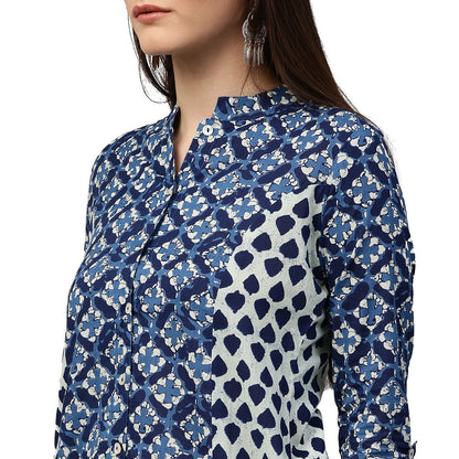 Blue Printed 3/4Th Sleeve Cotton A-Line Kurta | LASVINI - Redefining Indian Fashion with Elegance