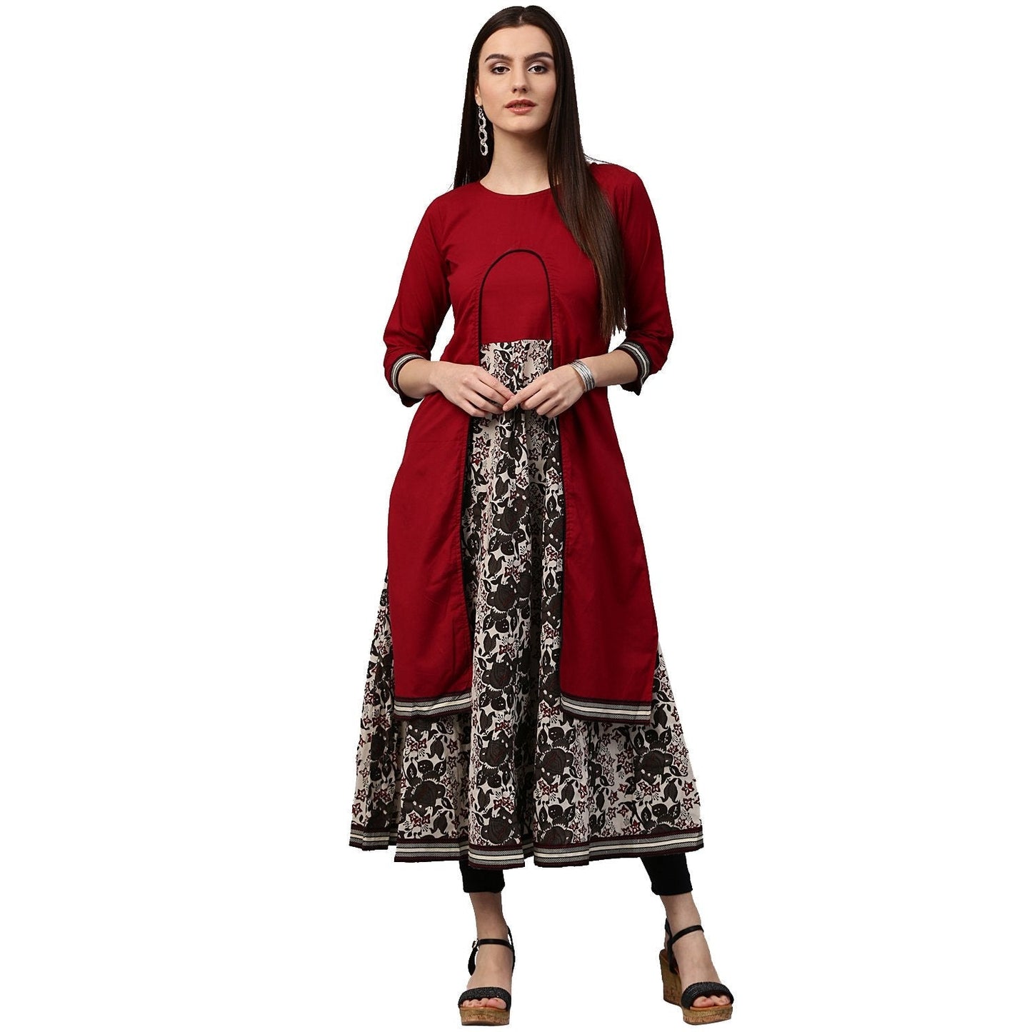 Maroon & White Printed 3/4Th Sleeve Cotton Double Layer Kurta | LASVINI - Redefining Indian Fashion with Elegance