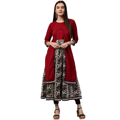 Maroon & White Printed 3/4Th Sleeve Cotton Double Layer Kurta | LASVINI - Redefining Indian Fashion with Elegance