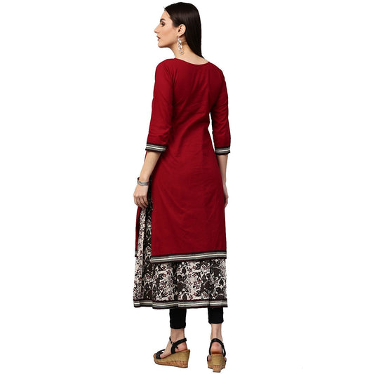 Maroon & White Printed 3/4Th Sleeve Cotton Double Layer Kurta | LASVINI - Redefining Indian Fashion with Elegance