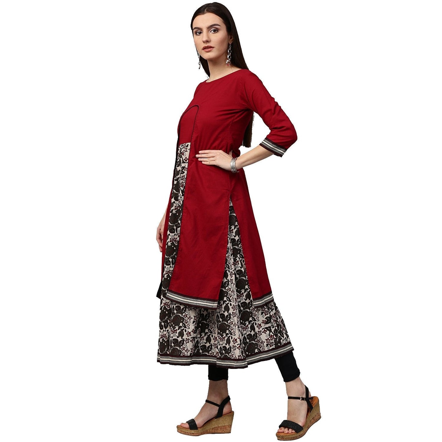 Maroon & White Printed 3/4Th Sleeve Cotton Double Layer Kurta | LASVINI - Redefining Indian Fashion with Elegance
