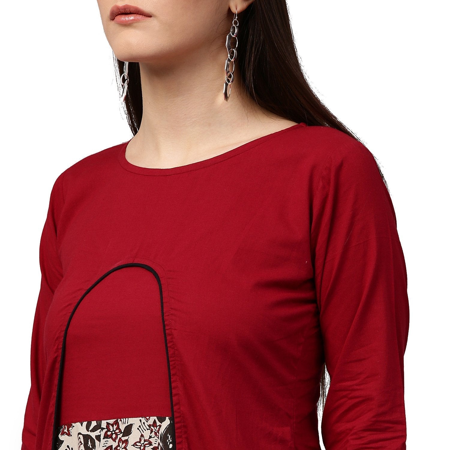 Maroon & White Printed 3/4Th Sleeve Cotton Double Layer Kurta | LASVINI - Redefining Indian Fashion with Elegance