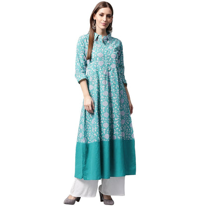 Blue Printed 3/4Th Sleeve Cotton A-Line Kurta | LASVINI - Redefining Indian Fashion with Elegance