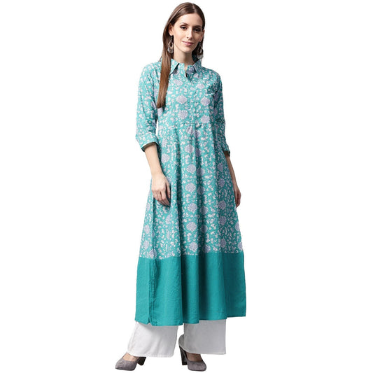 Blue Printed 3/4Th Sleeve Cotton A-Line Kurta | LASVINI - Redefining Indian Fashion with Elegance