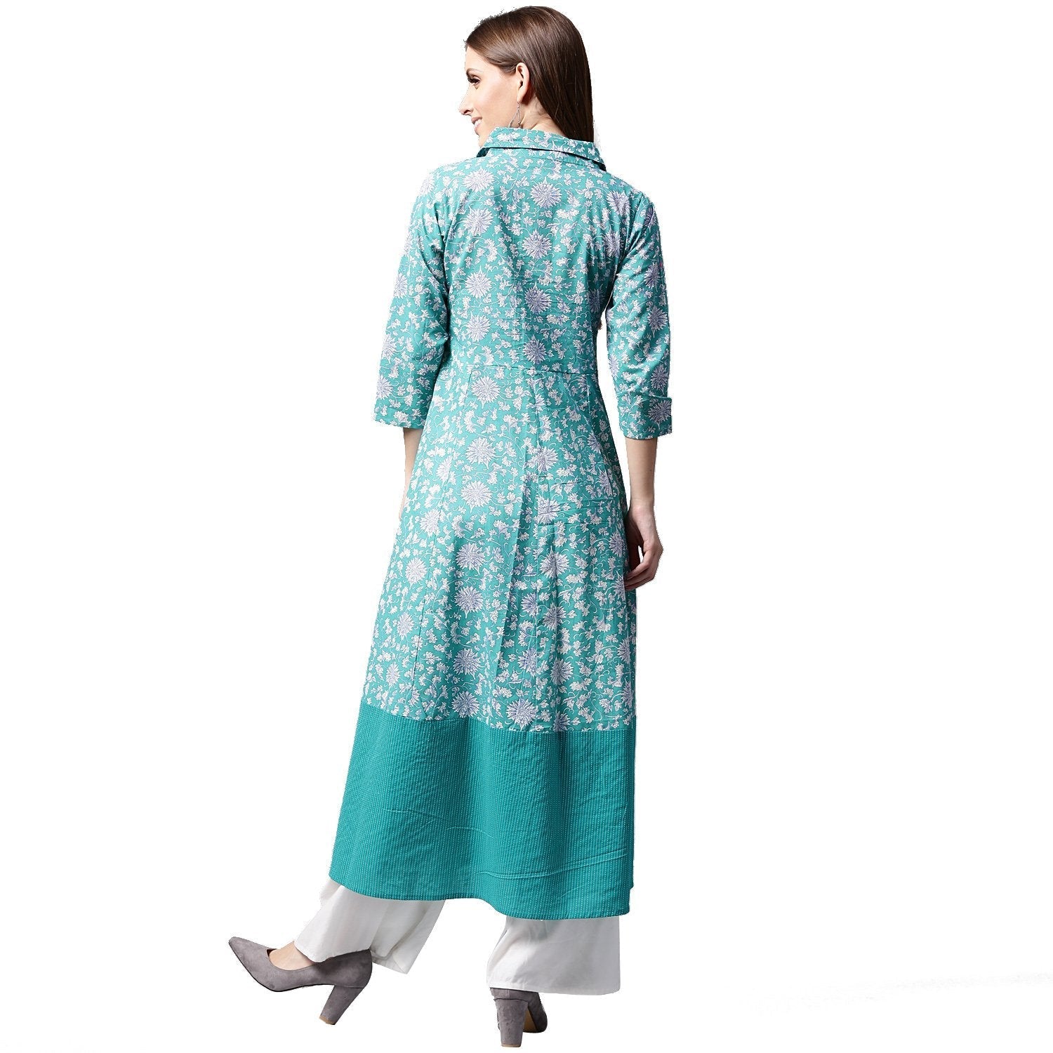 Blue Printed 3/4Th Sleeve Cotton A-Line Kurta | LASVINI - Redefining Indian Fashion with Elegance