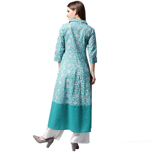 Blue Printed 3/4Th Sleeve Cotton A-Line Kurta | LASVINI - Redefining Indian Fashion with Elegance