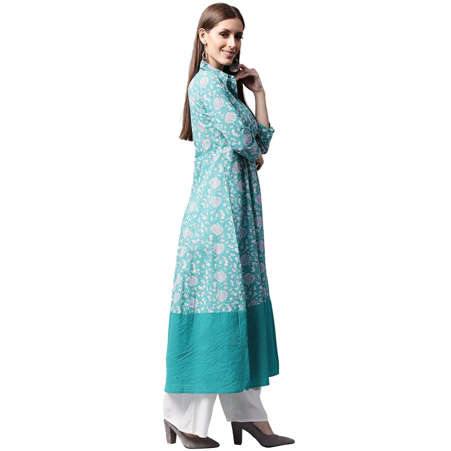 Blue Printed 3/4Th Sleeve Cotton A-Line Kurta | LASVINI - Redefining Indian Fashion with Elegance