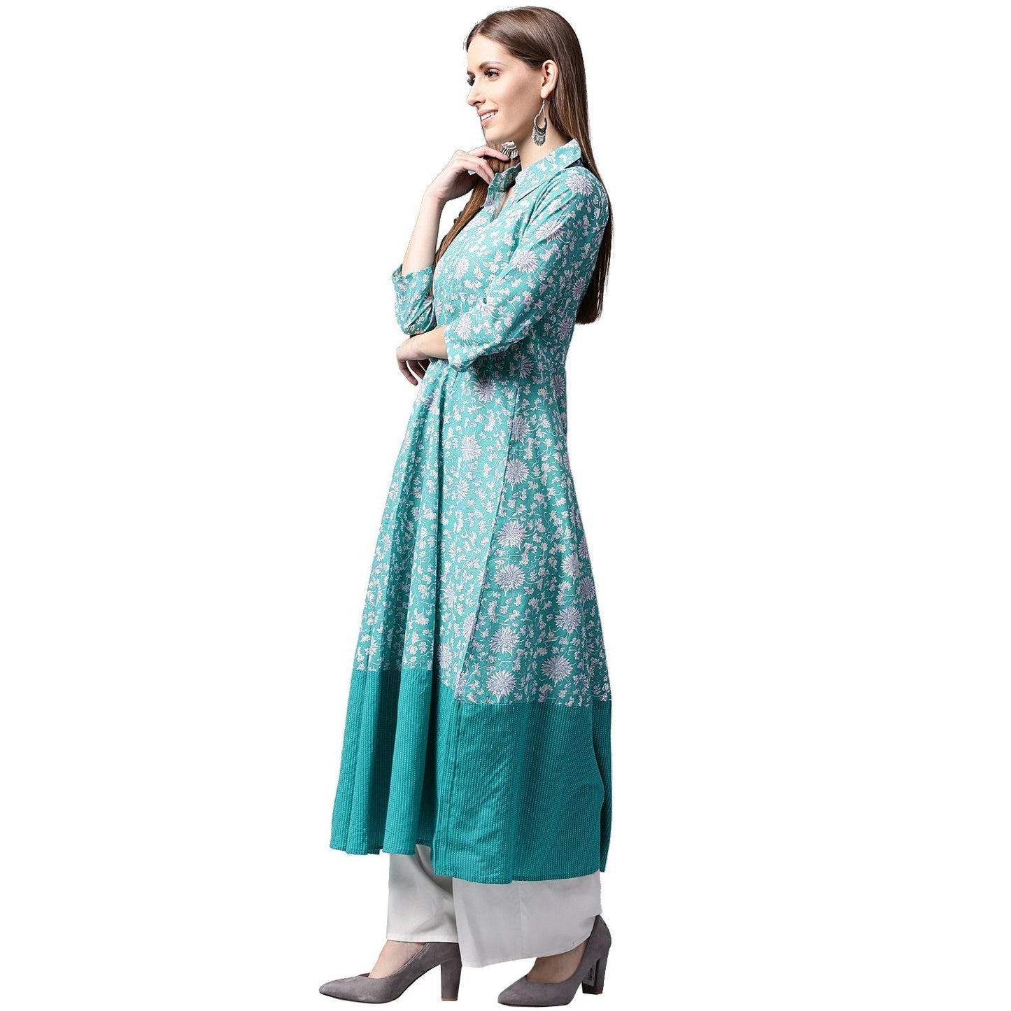 Blue Printed 3/4Th Sleeve Cotton A-Line Kurta | LASVINI - Redefining Indian Fashion with Elegance