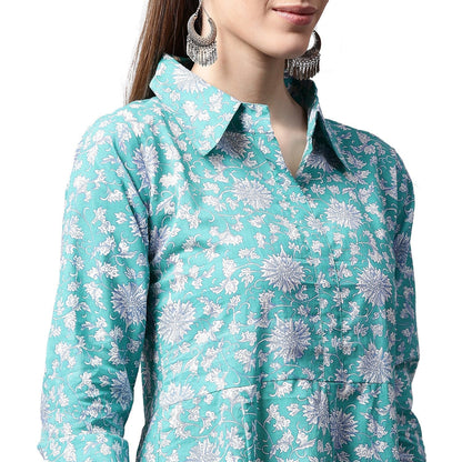 Blue Printed 3/4Th Sleeve Cotton A-Line Kurta | LASVINI - Redefining Indian Fashion with Elegance