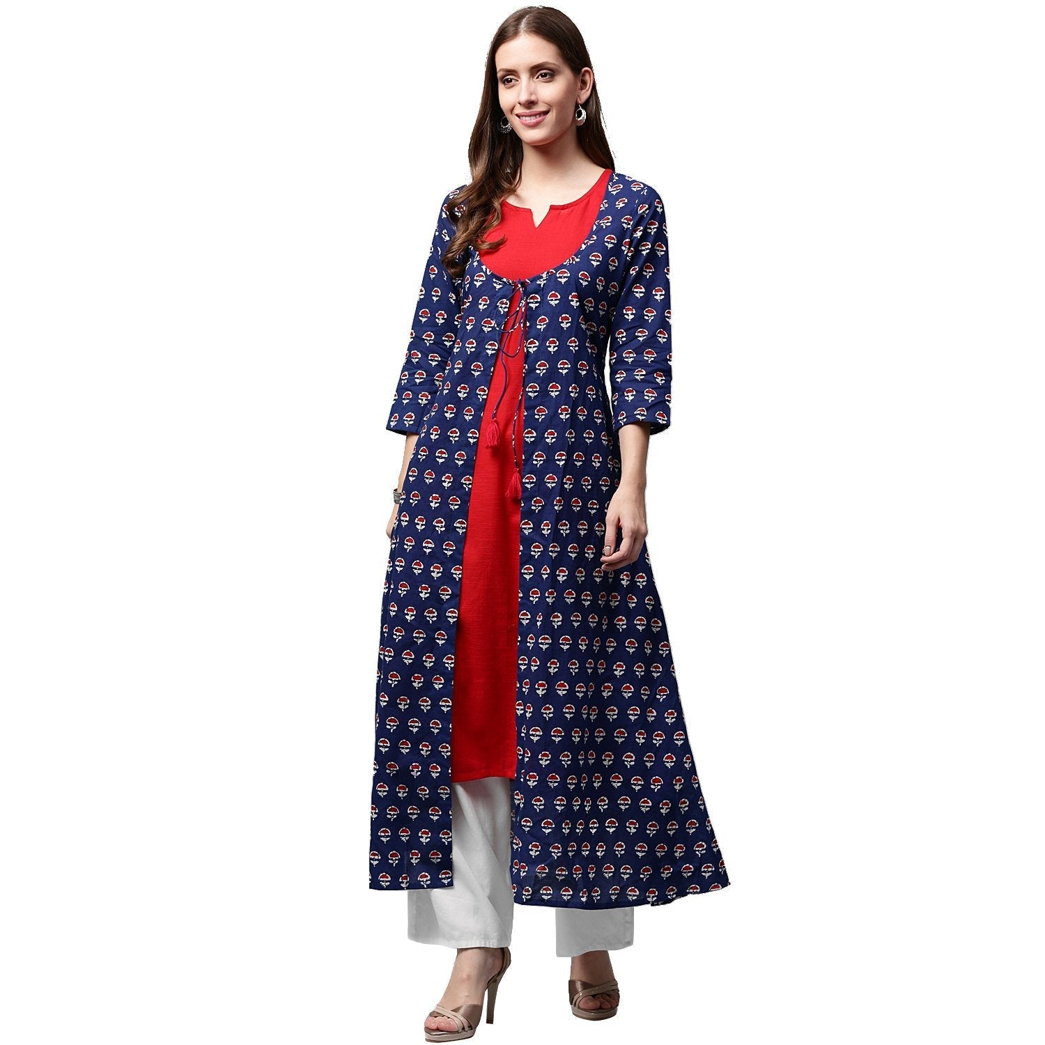 Blue Printed 3/4Th Sleeve Cotton A-Line Double Layer Kurta | LASVINI - Redefining Indian Fashion with Elegance