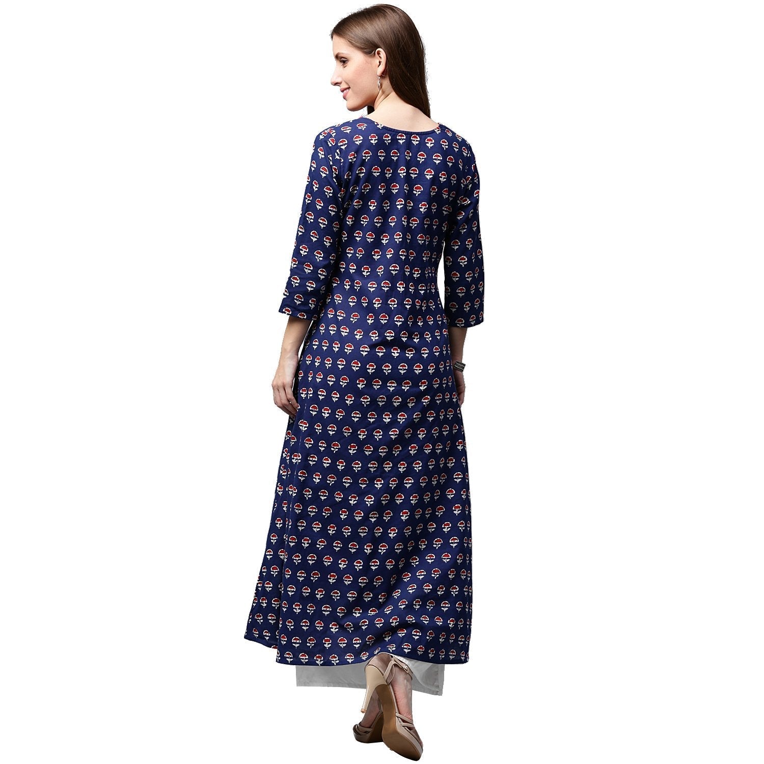 Blue Printed 3/4Th Sleeve Cotton A-Line Double Layer Kurta | LASVINI - Redefining Indian Fashion with Elegance