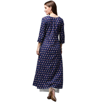 Blue Printed 3/4Th Sleeve Cotton A-Line Double Layer Kurta | LASVINI - Redefining Indian Fashion with Elegance