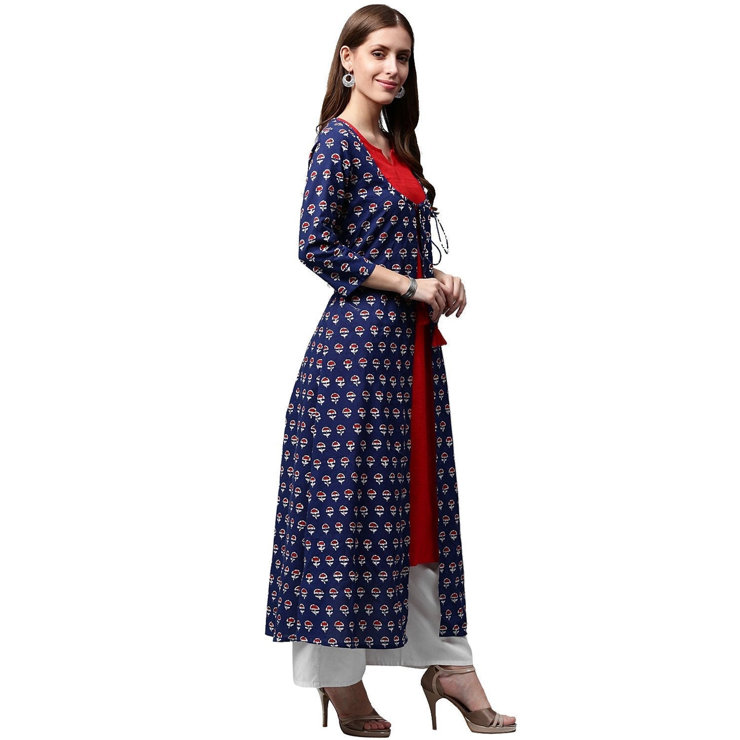 Blue Printed 3/4Th Sleeve Cotton A-Line Double Layer Kurta | LASVINI - Redefining Indian Fashion with Elegance