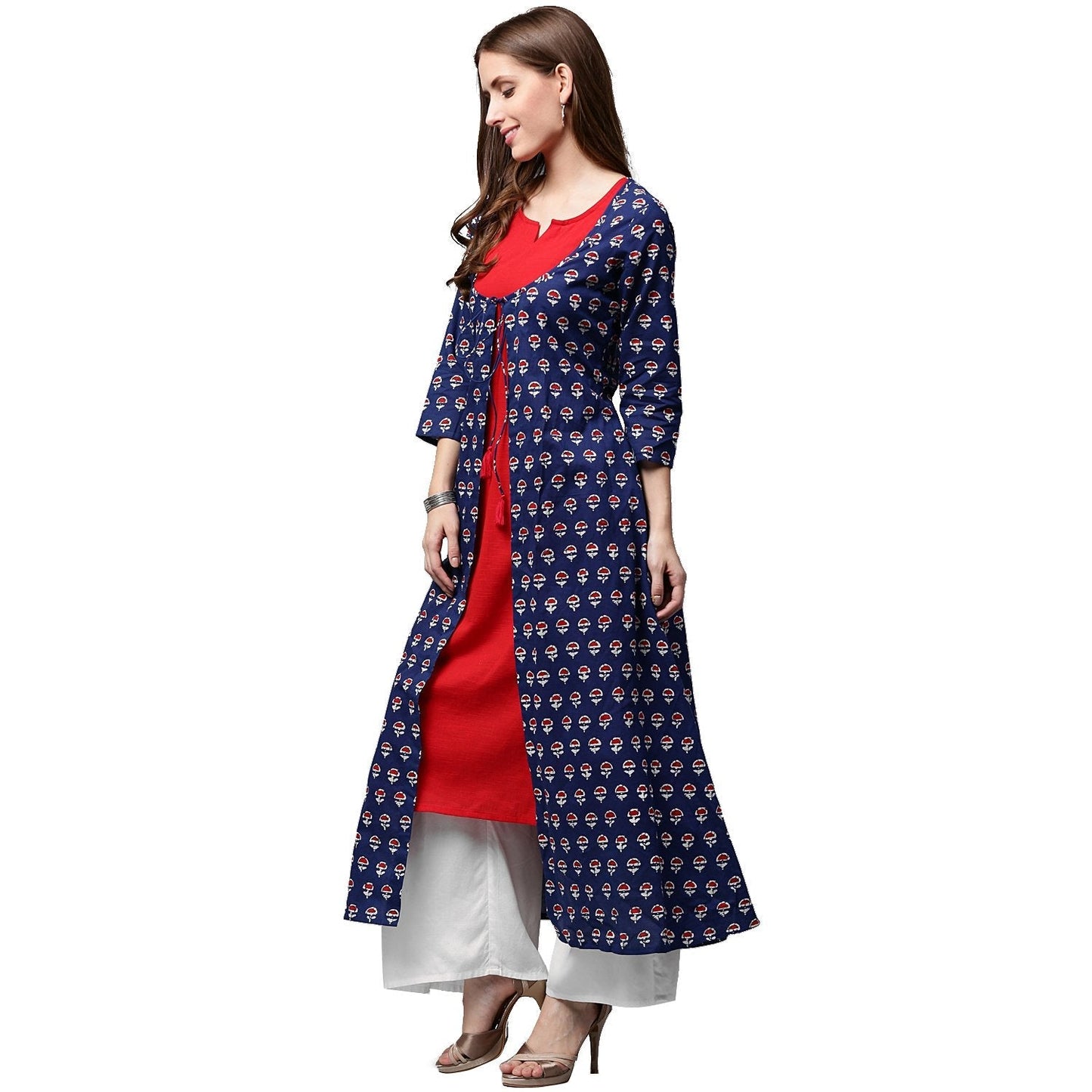 Blue Printed 3/4Th Sleeve Cotton A-Line Double Layer Kurta | LASVINI - Redefining Indian Fashion with Elegance