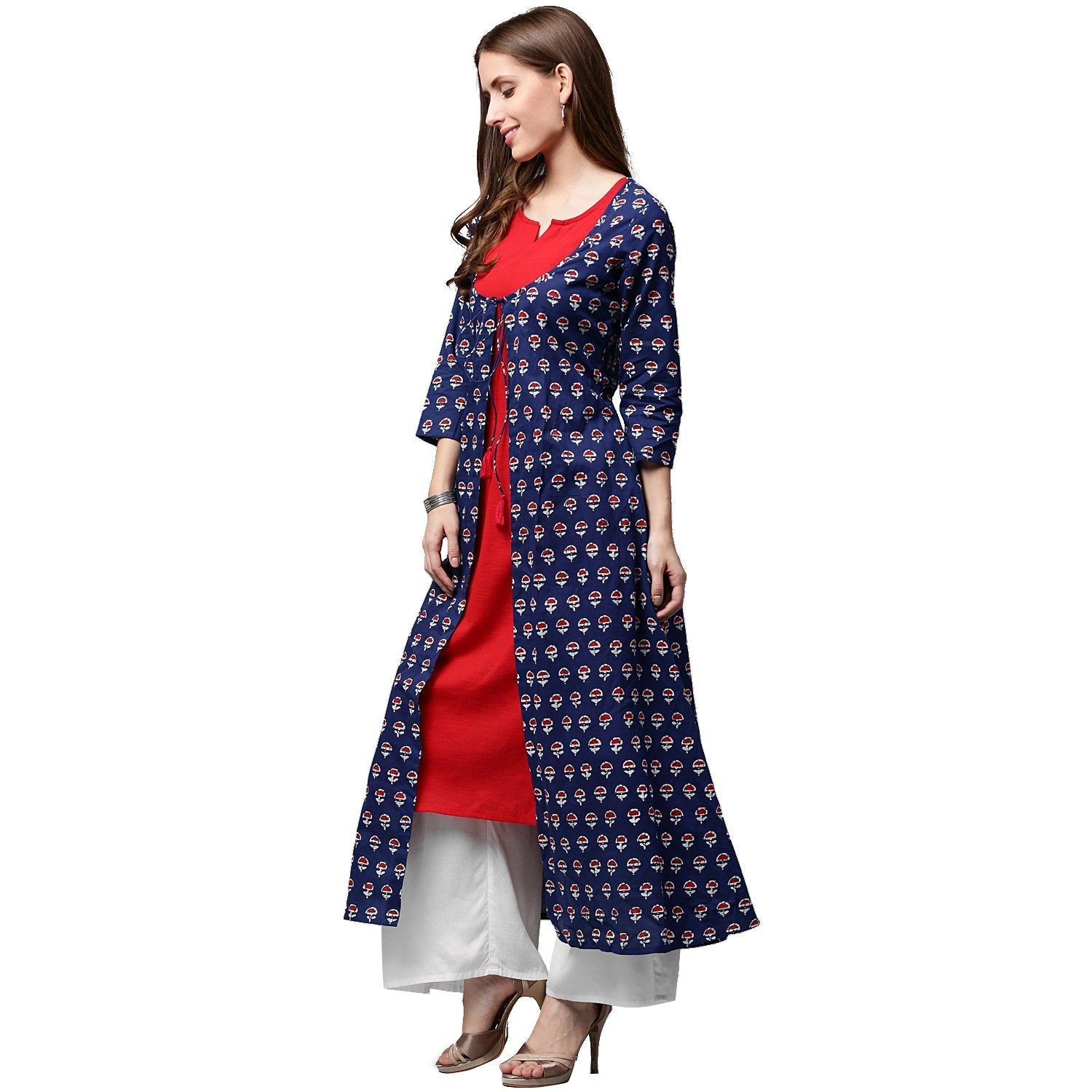 Blue Printed 3/4Th Sleeve Cotton A-Line Double Layer Kurta | LASVINI - Redefining Indian Fashion with Elegance
