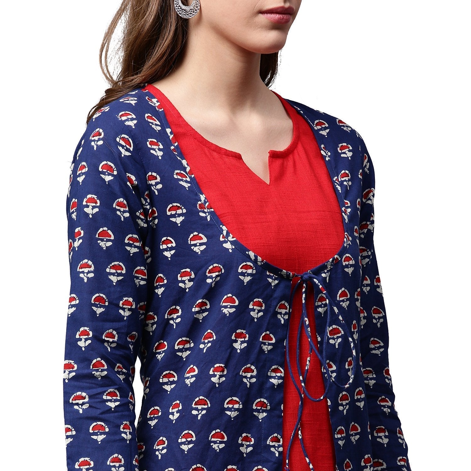 Blue Printed 3/4Th Sleeve Cotton A-Line Double Layer Kurta | LASVINI - Redefining Indian Fashion with Elegance